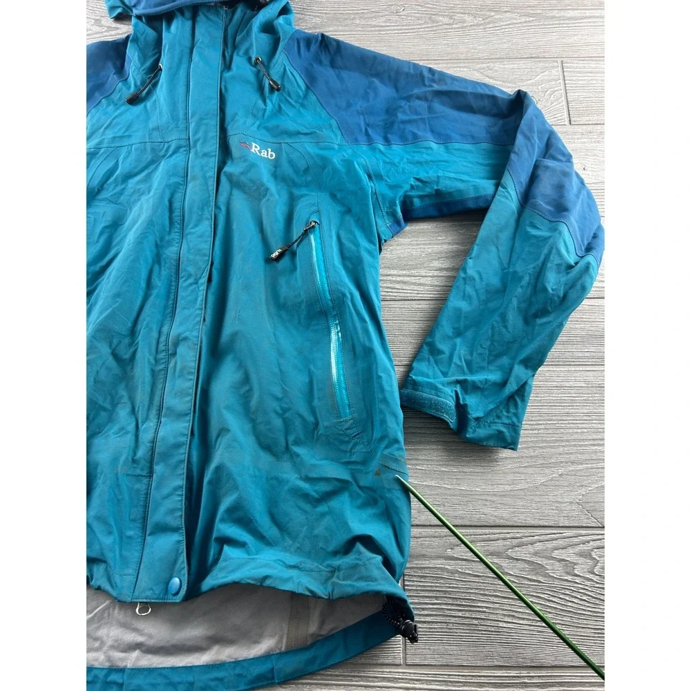 RAB Downpour Eco Womens Blue Waterproof Windbreaker Jacket Hooded Size Large